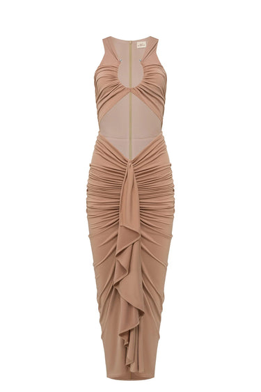 Nude Illusion Draped Midi Dress
