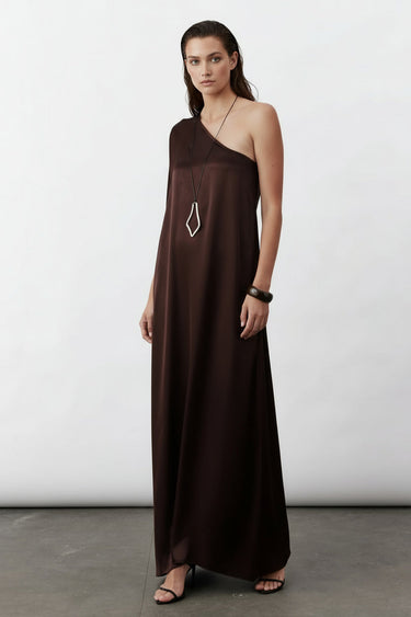 Robe longue asymétrique Venus en chocolat noir