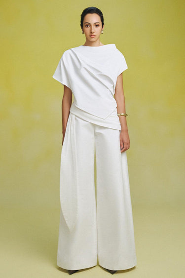 Ha Flared Waist Pleated Linen Blend Floor Length Pants -