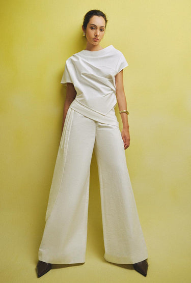 Ha Flared Waist Pleated Linen Blend Floor Length Pants -