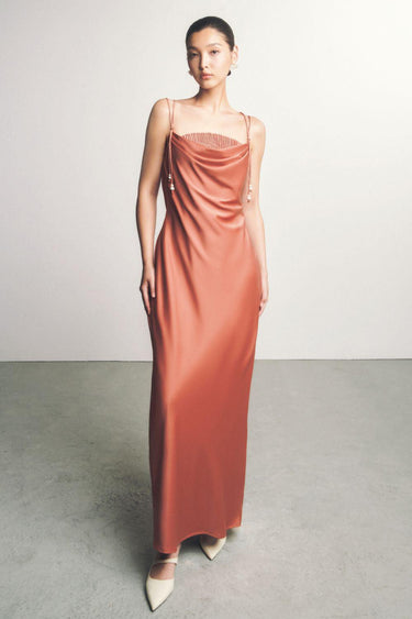 Kieu Thu Slip Pleated Chest Silk Cade Maxi Dress -