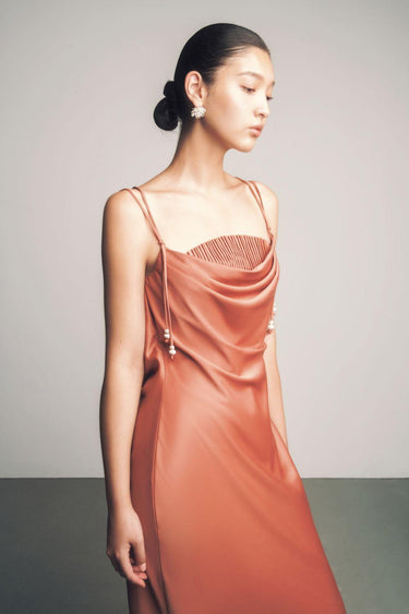 Kieu Thu Slip Pleated Chest Silk Cade Maxi Dress -