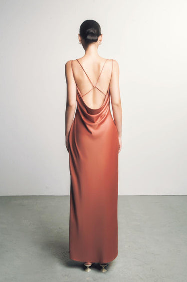 Kieu Thu Slip Pleated Chest Silk Cade Maxi Dress -