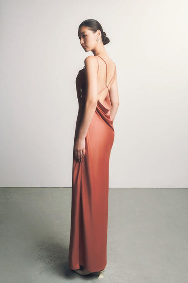 Kieu Thu Slip Pleated Chest Silk Cade Maxi Dress -