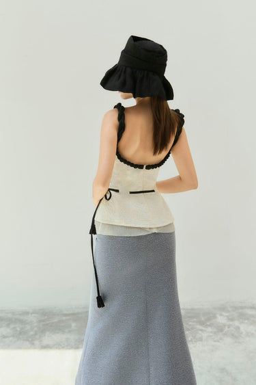 Nghi Peplum Curved Neck Ribbed Burlap Top -