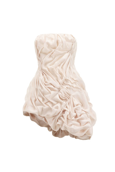 Hai Duong Asymmetric Smocking Strapless Silk Organza Top