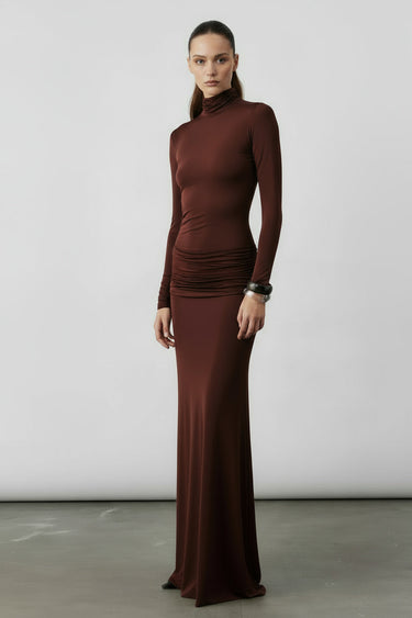 Sienna Long Jersey Dress in Burnt Brown