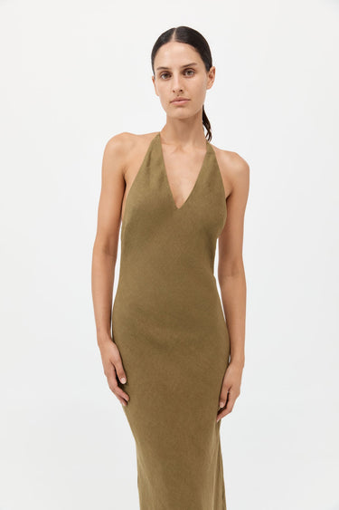 St. Agni Linen Bias Halter Dress in Olive - size M St. Agni Linen Bias Halter Dress in Olive - size M