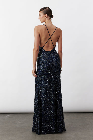 Selene Long Sequin Dress in Midnight Blue