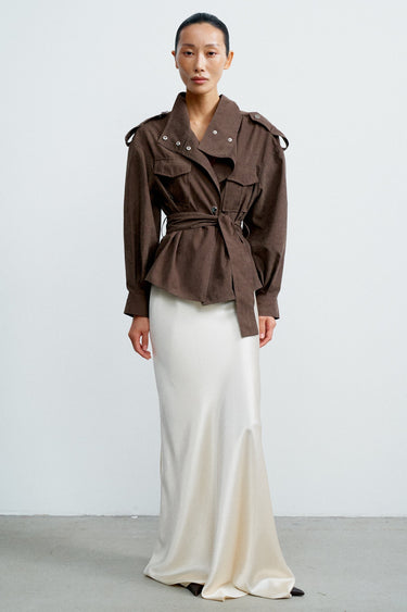 TEONA cropped trench coat, chocolate