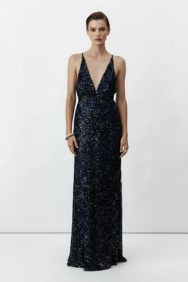 Selene Long Sequin Dress in Midnight Blue