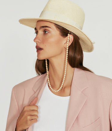 Pearls-embellished Straw Fedora Hat - WONROB