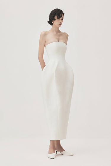 Ly Puffy Strapless Taffeta Midi Dress