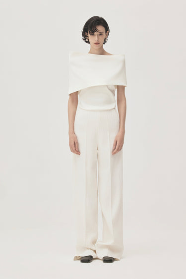 Anh Vi Trapezoid Asymmetric Boat Neck Satin Top