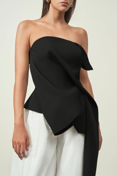 Nga Asymmetric Draped Strapless Ribbed Twill Top