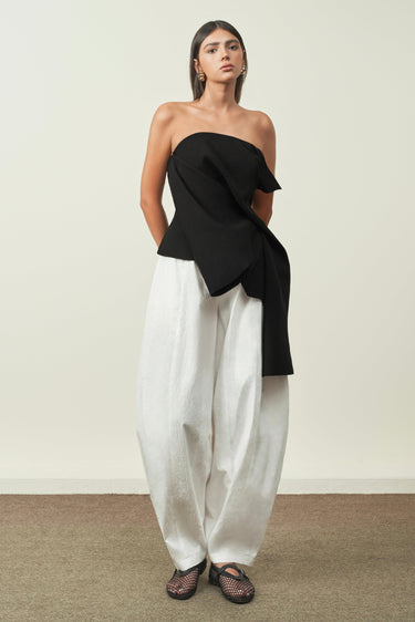 Nga Asymmetric Draped Strapless Ribbed Twill Top