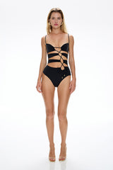 Aqua Drawstring Swimsuit - Black - WONROB