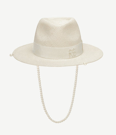 Pearls-embellished Straw Fedora Hat by Ruslan Baginskiy - WONROB