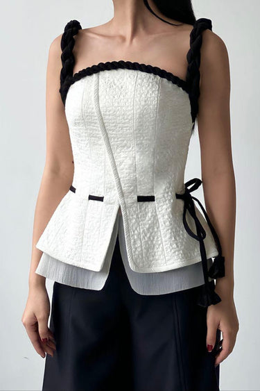 Nghi Peplum Curved Neck Ribbed Burlap Top - 